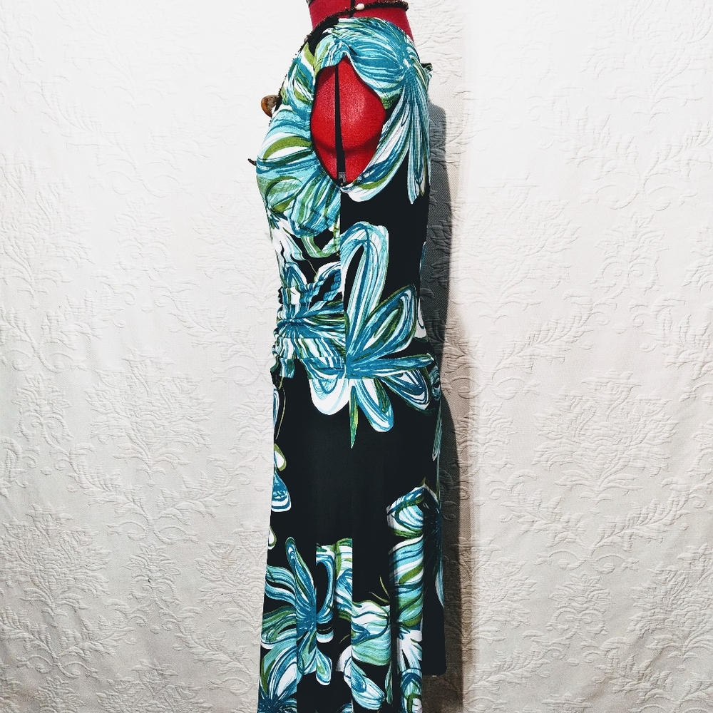 Enfocus Floral Stretchy Fitted Black Blue Midi Dress Size 6 - Picture 7 of 11
